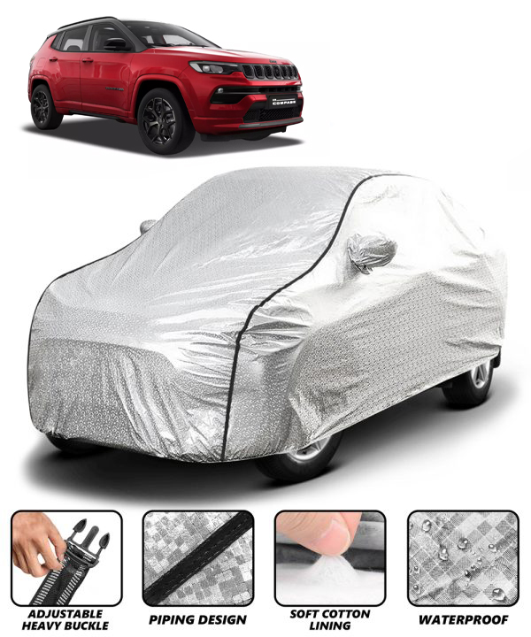 Carzex Waterproof & Heat Resistant Metallic Silver Car Body Cover with Soft Cotton Lining with Mirror Pockets - Jeep Compass